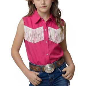 Noomelfish Girls Fringe Western Shirt Pearl Snap Button Down Cowgirl Outfits Sleeveless Blouse Tops (5-14 Years)(Hot Pink)