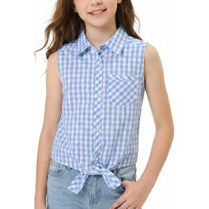 Noomelfish Girls Pearl Snap Tie Knot Western Shirt Button Down Sleeveless Blouse Cowgirl Outfit (5-12 Years)(Snap Blue Check Gingham)