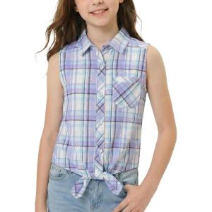 Noomelfish Girls Pearl Snap Tie Knot Western Shirt Button Down Sleeveless Blouse Cowgirl Outfit (5-12 Years)(Snap Plaid Light Purple)