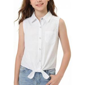 Noomelfish Girls Pearl Snap Tie Knot Western Shirt Button Down Sleeveless Blouse Cowgirl Outfit (5-12 Years)(Snap White)