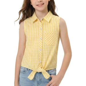 Noomelfish Girls Pearl Snap Tie Knot Western Shirt Button Down Sleeveless Blouse Cowgirl Outfit (5-12 Years)(Snap Yellow Check Gingham)