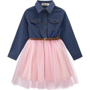 Noomelfish Little Girls Denim Tulle Western Dress Cowgirl Button Down Jean Tutu Dresses with Belt (4-12 Years)(Long Sleeve Dark Blue/Pink)