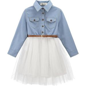 Noomelfish Little Girls Denim Tulle Western Dress Cowgirl Button Down Jean Tutu Dresses with Belt (4-12 Years)(Long Sleeve Light Blue/White)