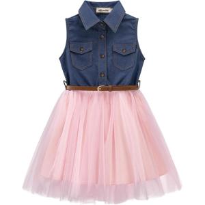 Noomelfish Little Girls Denim Tulle Western Dress Cowgirl Button Down Jean Tutu Dresses with Belt (4-12 Years)(Sleeveless Dark Blue/Pink)