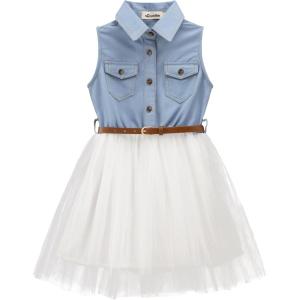 Noomelfish Little Girls Denim Tulle Western Dress Cowgirl Button Down Jean Tutu Dresses with Belt (4-12 Years)(Sleeveless Light Blue/White)
