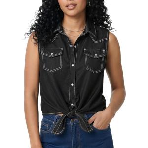 Noomelfish Women’s Denim Tie Front Snap Button Down Shirt Sleeveless Jean Western Country Concert Cowgirl Outfit(Coal Black)