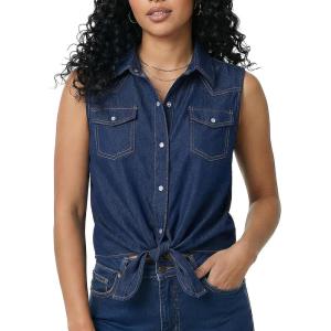Noomelfish Women’s Denim Tie Front Snap Button Down Shirt Sleeveless Jean Western Country Concert Cowgirl Outfit(Dark Blue)