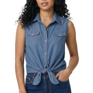 Noomelfish Women’s Denim Tie Front Snap Button Down Shirt Sleeveless Jean Western Country Concert Cowgirl Outfit(Medium Blue)