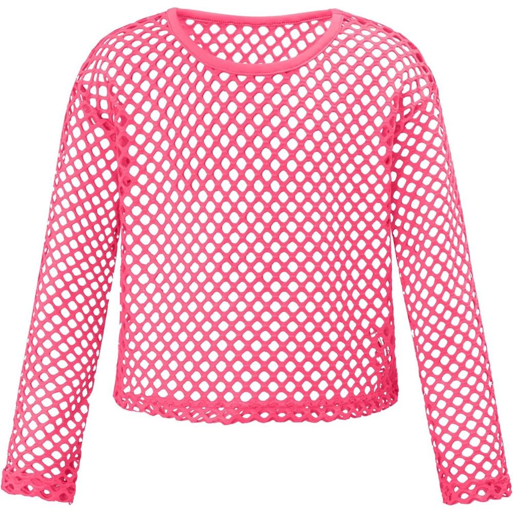 image:imageNoomelfish Girls Fishnet Crochet Crop Tops Kids Long Sleeve Mesh Dance TShirts Blouse514 YearsHot Pink
