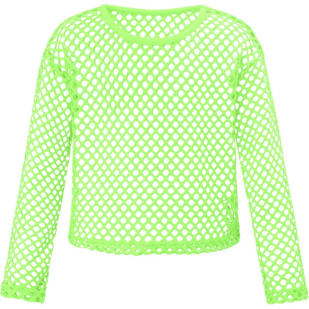 image:imageNoomelfish Girls Fishnet Crochet Crop Tops Kids Long Sleeve Mesh Dance TShirts Blouse514 YearsNeon Green