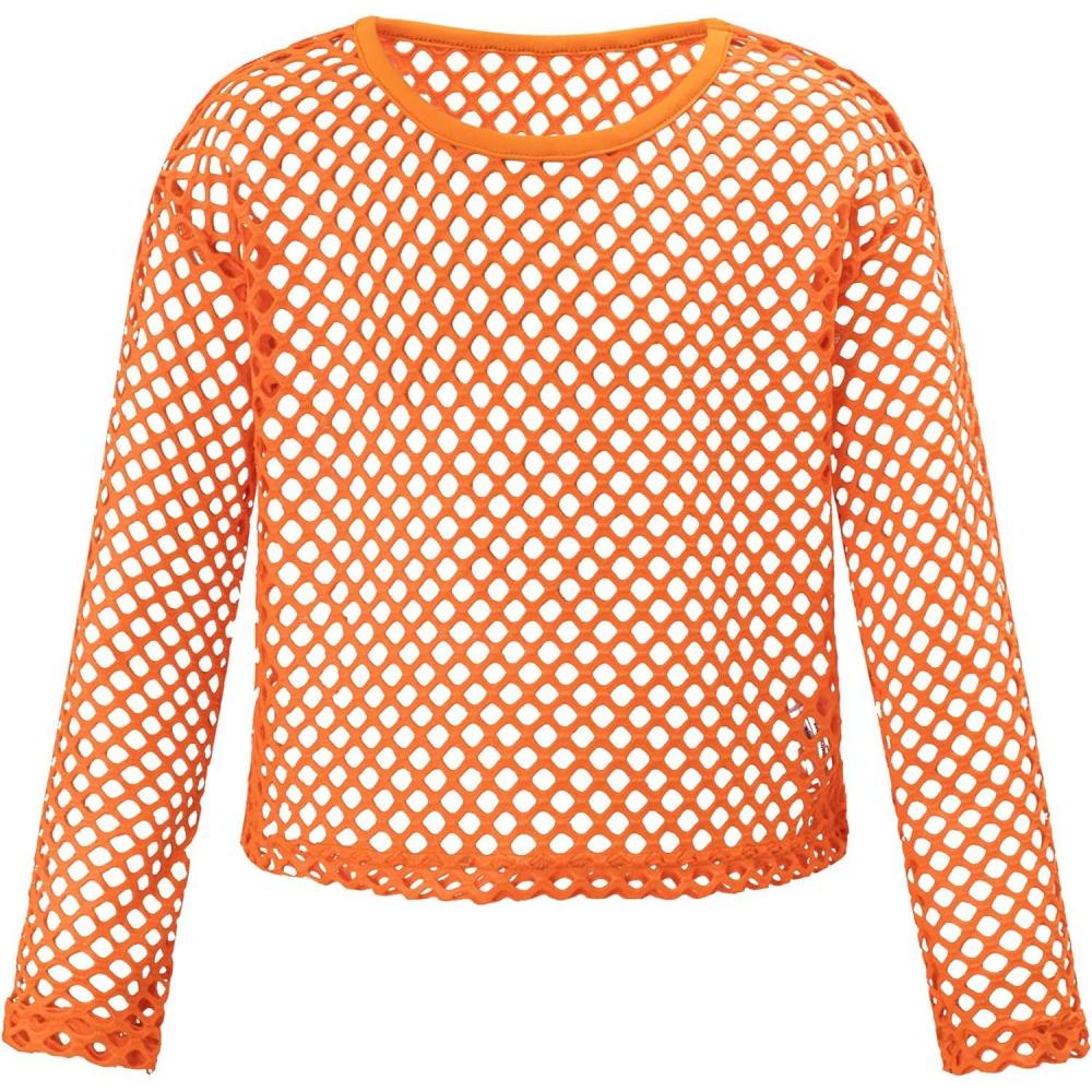 image:imageNoomelfish Girls Fishnet Crochet Crop Tops Kids Long Sleeve Mesh Dance TShirts Blouse514 YearsNeon Orange