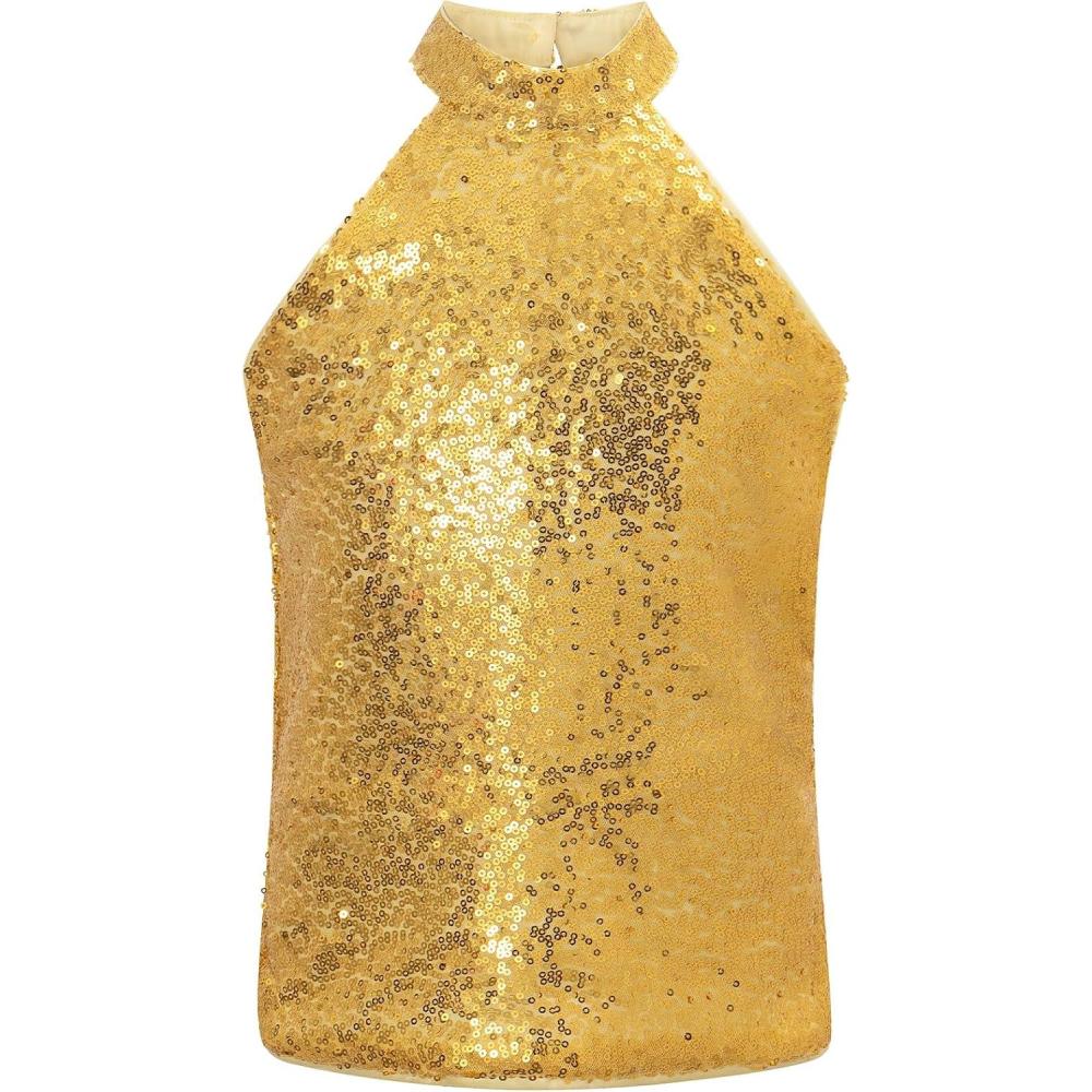 image:imageNoomelfish Girls Halter Sequin Tank Tops Sparkly Glitter Shiny Dance Sleeveless Shirt 512 YearsGold Yellow
