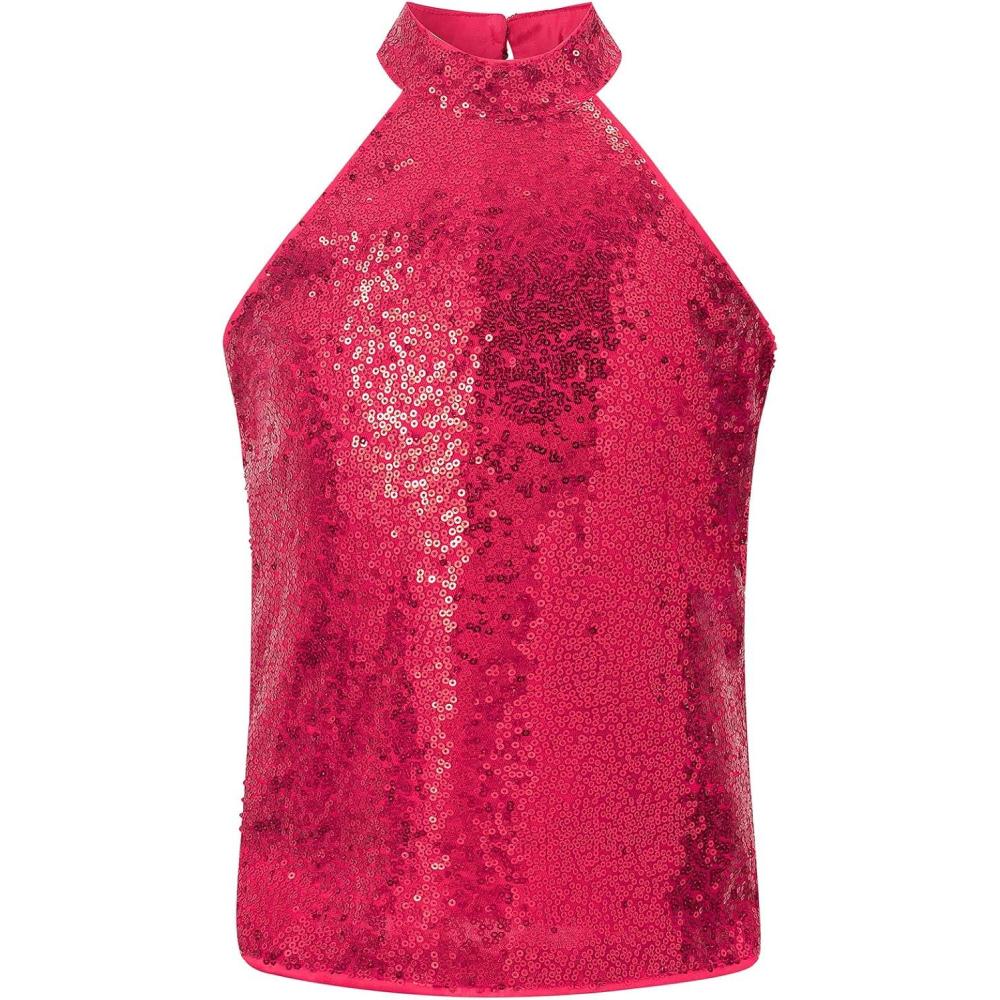 image:imageNoomelfish Girls Halter Sequin Tank Tops Sparkly Glitter Shiny Dance Sleeveless Shirt 512 YearsHot Pink