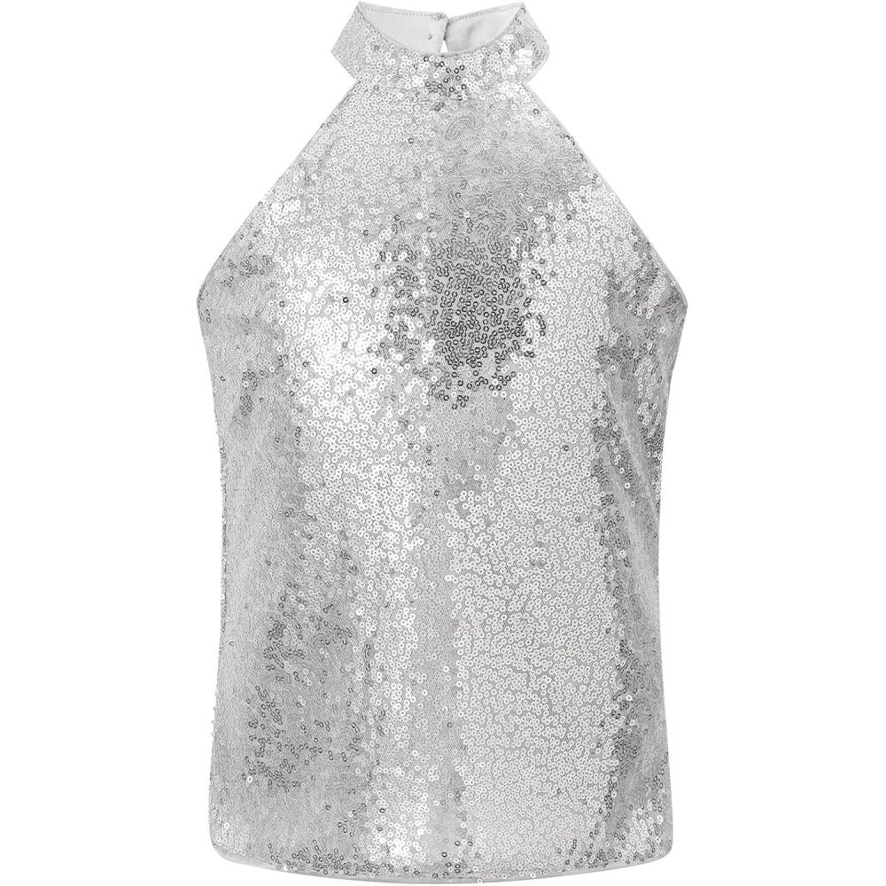 image:imageNoomelfish Girls Halter Sequin Tank Tops Sparkly Glitter Shiny Dance Sleeveless Shirt 512 YearsSilver White