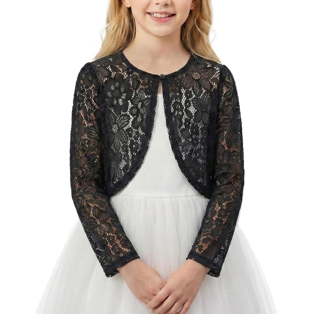 image:imageNoomelfish Girls Lace Cardigan Shrug Kids Long Sleeve Bolero Sheer Floral Tops512 YearsFlower Black