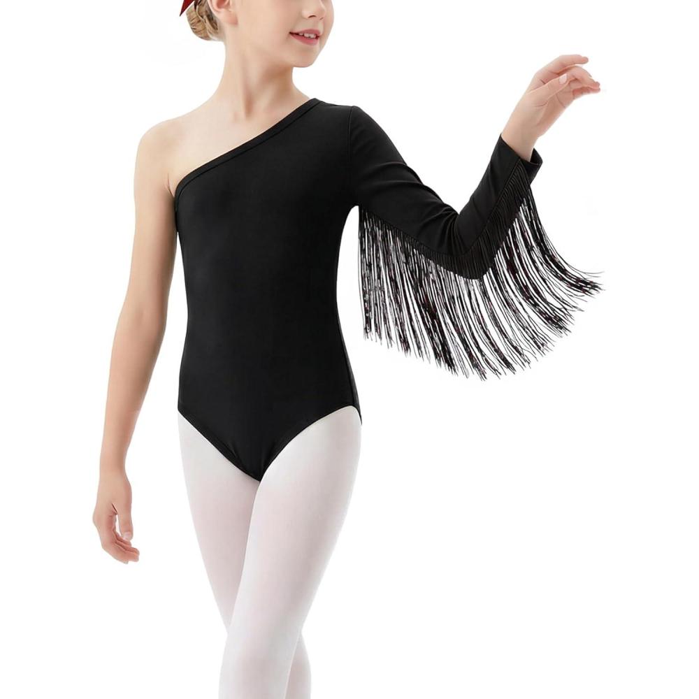 image:imageNoomelfish Girls One Shoulder Fringe Western Leotard Cowgirl Outfit Toddler Dance Bodysuit 412 YearsBlack