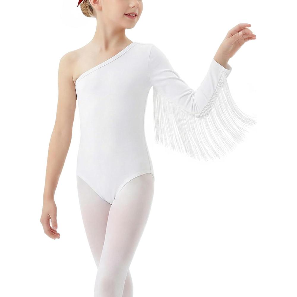 image:imageNoomelfish Girls One Shoulder Fringe Western Leotard Cowgirl Outfit Toddler Dance Bodysuit 412 YearsWhite