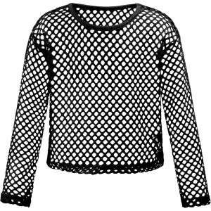 Noomelfish Girls Fishnet Crochet Crop Tops Kids Long Sleeve Mesh Dance T-Shirts Blouse(5-14 Years)(Black)