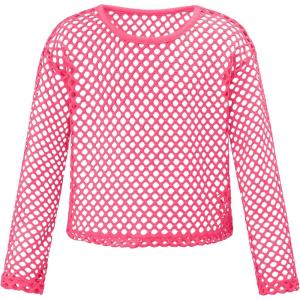 Noomelfish Girls Fishnet Crochet Crop Tops Kids Long Sleeve Mesh Dance T-Shirts Blouse(5-14 Years)(Hot Pink)