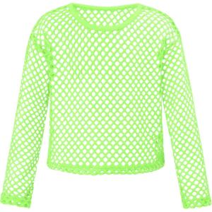 Noomelfish Girls Fishnet Crochet Crop Tops Kids Long Sleeve Mesh Dance T-Shirts Blouse(5-14 Years)(Neon Green)