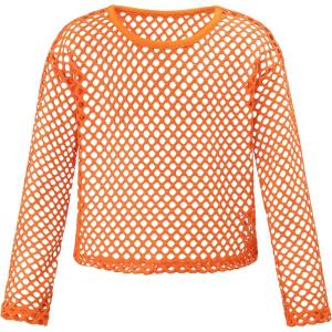 Noomelfish Girls Fishnet Crochet Crop Tops Kids Long Sleeve Mesh Dance T-Shirts Blouse(5-14 Years)(Neon Orange)