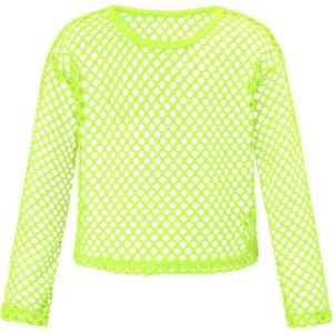 Noomelfish Girls Fishnet Crochet Crop Tops Kids Long Sleeve Mesh Dance T-Shirts Blouse(5-14 Years)(Neon Yellow)