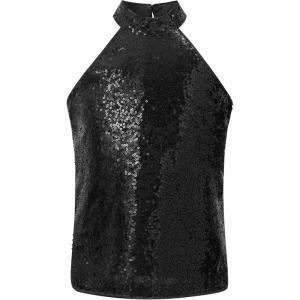 Noomelfish Girls Halter Sequin Tank Tops Sparkly Glitter Shiny Dance Sleeveless Shirt (5-12 Years)(Black)