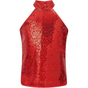 Noomelfish Girls Halter Sequin Tank Tops Sparkly Glitter Shiny Dance Sleeveless Shirt (5-12 Years)(Red)