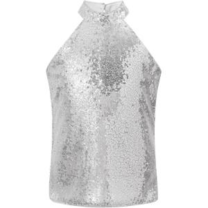Noomelfish Girls Halter Sequin Tank Tops Sparkly Glitter Shiny Dance Sleeveless Shirt (5-12 Years)(Silver White)
