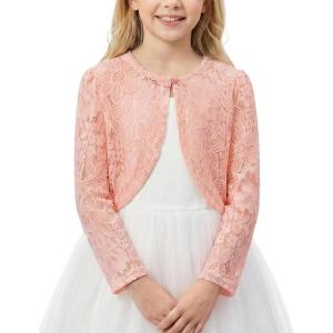 Noomelfish Girls Lace Cardigan Shrug Kids Long Sleeve Bolero Sheer Floral Tops(5-12 Years)(Flower Pink)