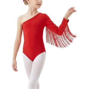Noomelfish Girls One Shoulder Fringe Western Leotard Cowgirl Outfit Toddler Dance Bodysuit (4-12 Years)(Red)