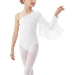 Noomelfish Girls One Shoulder Fringe Western Leotard Cowgirl Outfit Toddler Dance Bodysuit (4-12 Years)(White)
