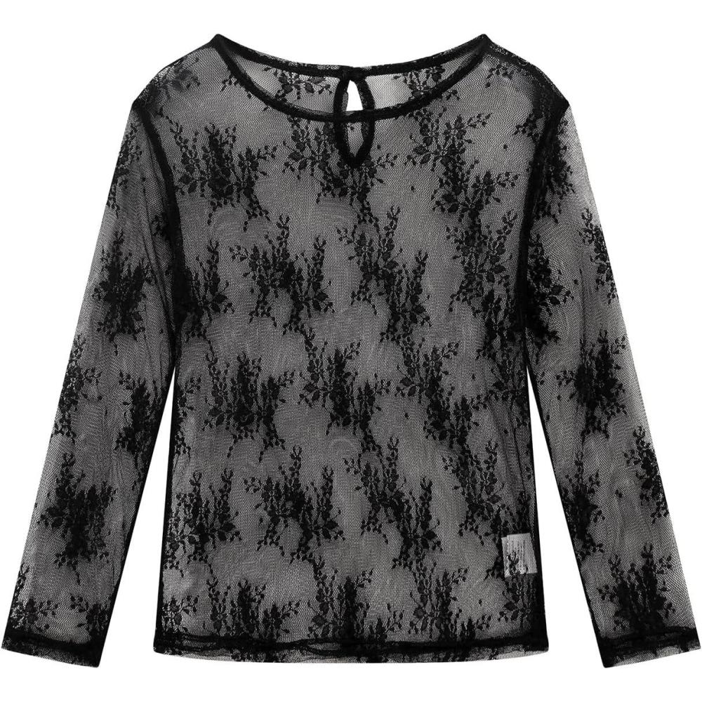 image:imageNoomelfish Girls Lace Layering Tops Sheer Mesh Tee Shirts Blouse 512 YearsFloral Black