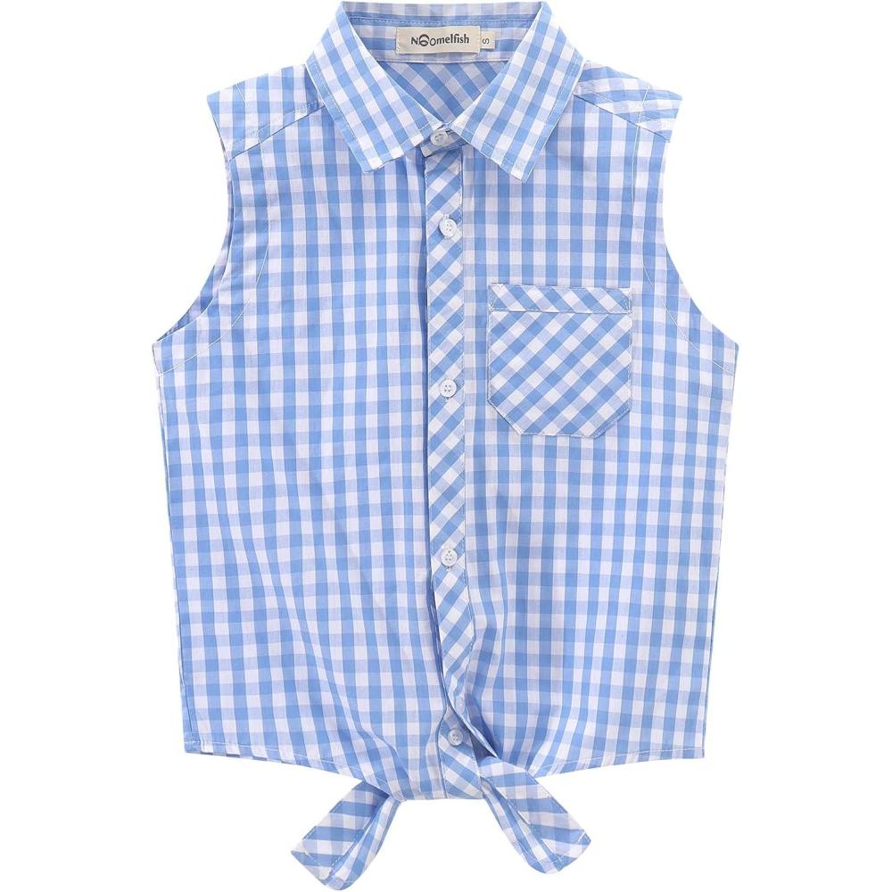 image:imageNoomelfish Girls Sleeveless Button Down Shirt Tie Knot Blouse Western Cowgirl Outfit 512 YearsBlue Check Gingham