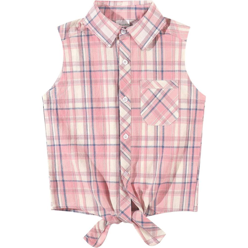 image:imageNoomelfish Girls Sleeveless Button Down Shirt Tie Knot Blouse Western Cowgirl Outfit 512 YearsPlaid Pink White