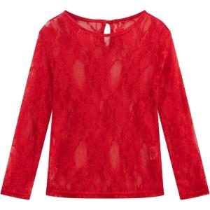 Noomelfish Girls Lace Layering Tops Sheer Mesh Tee Shirts Blouse (5-12 Years)(Flower Red)
