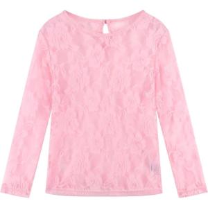 Noomelfish Girls Lace Layering Tops Sheer Mesh Tee Shirts Blouse (5-12 Years)(Rose Pink)