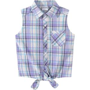 Noomelfish Girls Sleeveless Button Down Shirt Tie Knot Blouse Western Cowgirl Outfit (5-12 Years)(Plaid Light Purple)