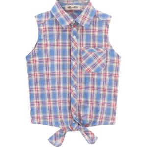 Noomelfish Girls Sleeveless Button Down Shirt Tie Knot Blouse Western Cowgirl Outfit (5-12 Years)(Plaid Red Blue)