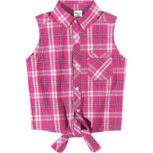 Noomelfish Girls Sleeveless Button Down Shirt Tie Knot Blouse Western Cowgirl Outfit (5-12 Years)(Plaid Rose)