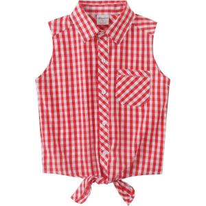 Noomelfish Girls Sleeveless Button Down Shirt Tie Knot Blouse Western Cowgirl Outfit (5-12 Years)(Red Check Gingham)