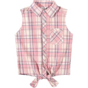 Noomelfish Girls Sleeveless Button Down Shirt Tie Knot Blouse Western Cowgirl Outfit (5-12 Years)(Snap Plaid Pink White)