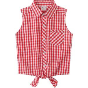 Noomelfish Girls Sleeveless Button Down Shirt Tie Knot Blouse Western Cowgirl Outfit (5-12 Years)(Snap Red Check Gingham)