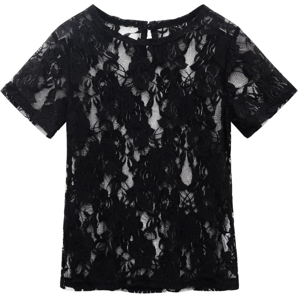 image:imageNoomelfish Girls Lace Layering Tops Sheer Mesh Tee Shirts Blouse 512 YearsShort Sleeve Rose Black