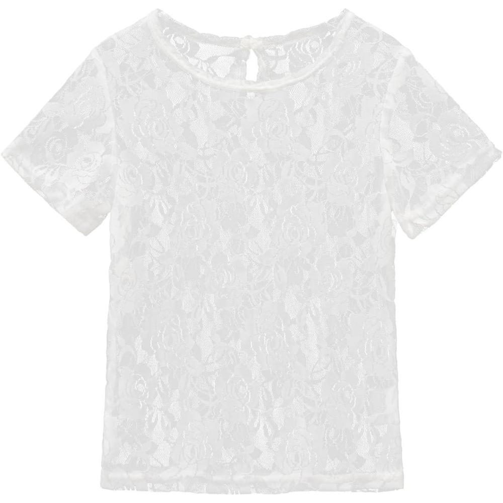 image:imageNoomelfish Girls Lace Layering Tops Sheer Mesh Tee Shirts Blouse 512 YearsShort Sleeve Rose White
