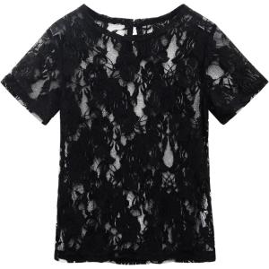 Noomelfish Girls Lace Layering Tops Sheer Mesh Tee Shirts Blouse (5-12 Years)(Short Sleeve Rose Black)