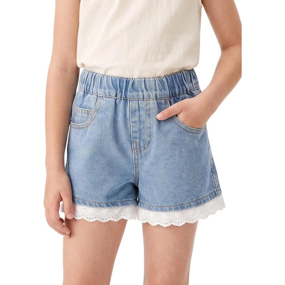 image:imageNoomelfish Girls Lace Trim Denim Jeans Shorts Elastic Waist Pull On Summer Shorts with Pockets 512 YearsLight Blue