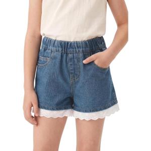 Noomelfish Girls Lace Trim Denim Jeans Shorts Elastic Waist Pull On Summer Shorts with Pockets (5-12 Years)(Dark Blue)