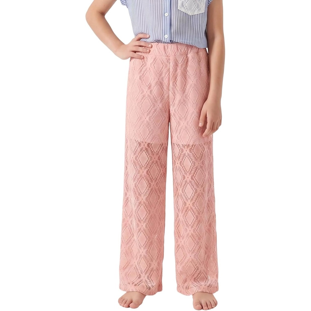 image:imageNoomelfish Girls Lace Sheer Mesh Pants Dance Elastic Waisted Wide Leg Long Trousers512 YearsPink