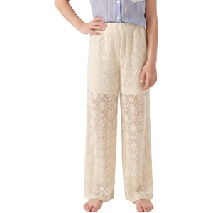 Noomelfish Girls Lace Sheer Mesh Pants Dance Elastic Waisted Wide Leg Long Trousers(5-12 Years)(Beige)